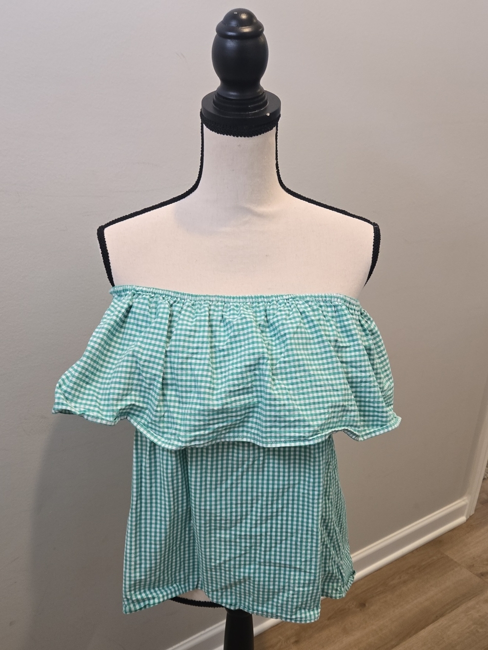 Adrienne Green and White Gingham Top with Label Detail
